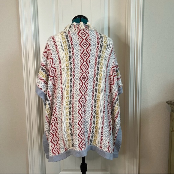 CAbi Red Yellow and Gray Fringe Geographic Knit Poncho Sweater Kimono - Picture 7 of 13